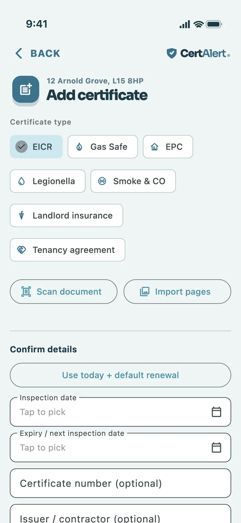 Add certificate screen with EICR selected and fields for inspection and expiry dates