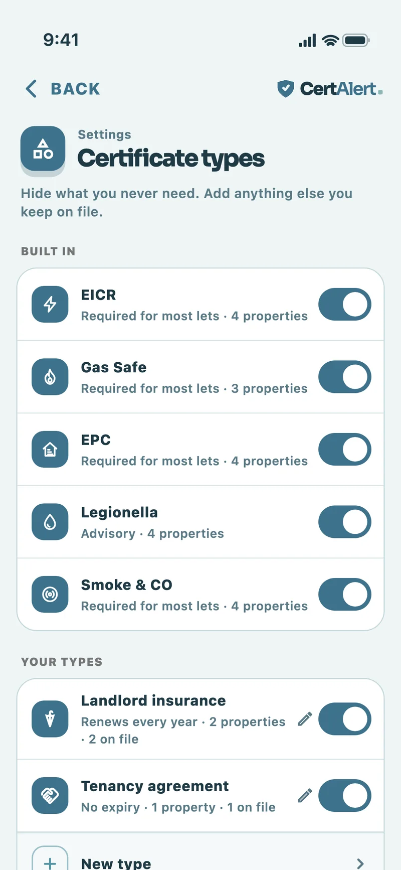Certificate types screen with built-in checks plus landlord insurance and a tenancy agreement