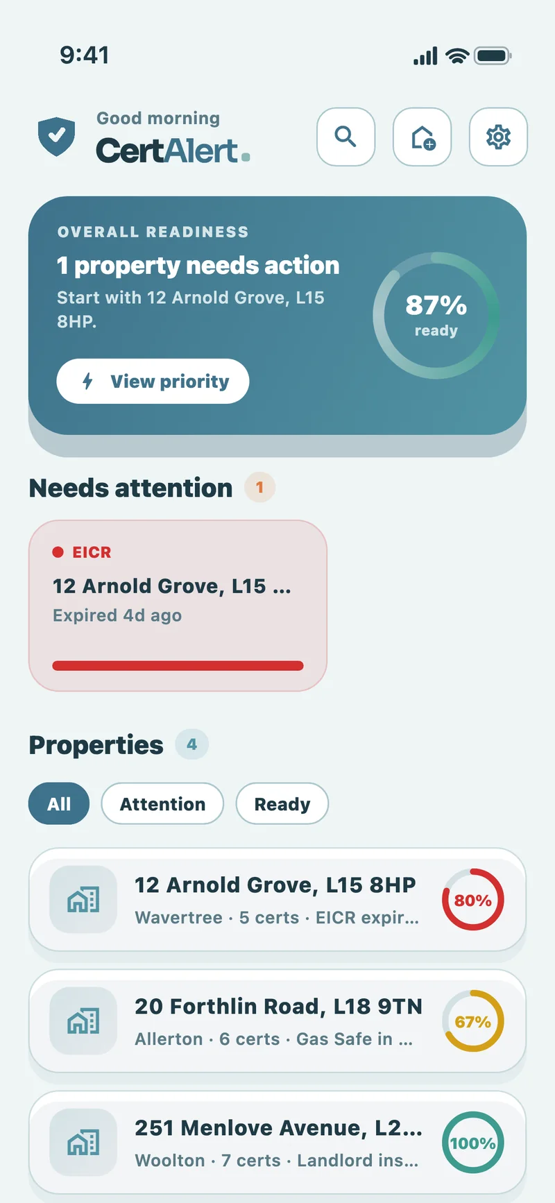 CertAlert dashboard showing portfolio readiness and each property’s certificate status