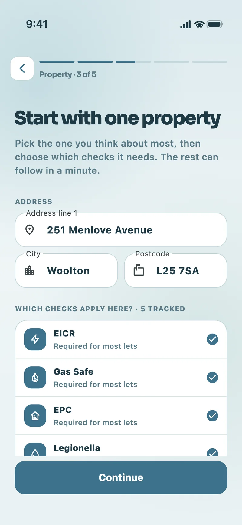 Onboarding step for adding 251 Menlove Avenue and choosing which certificates to track