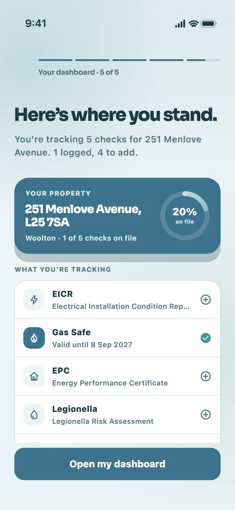 Onboarding reveal showing 251 Menlove Avenue at 20% on file after logging Gas Safe