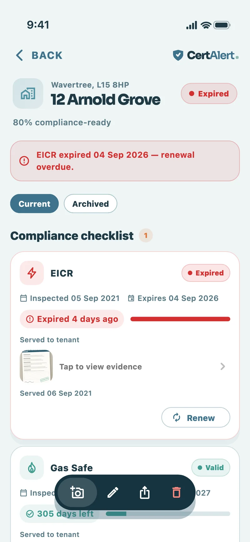 Property detail for 12 Arnold Grove showing an expired EICR and the evidence on file